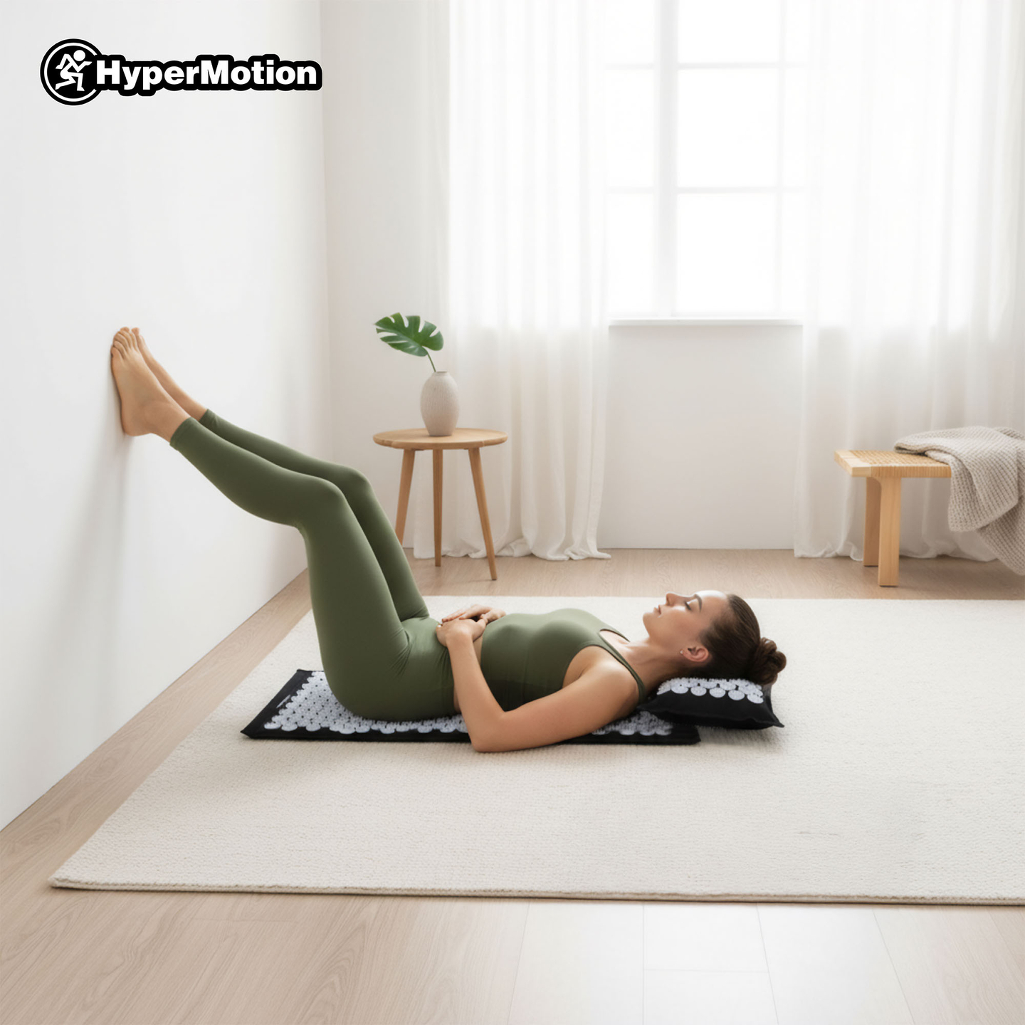 EKO lanena akupresurna podloga s kokosovimi vlakni in ajdovo blazino – 68 cm HyperMotion črno-bela