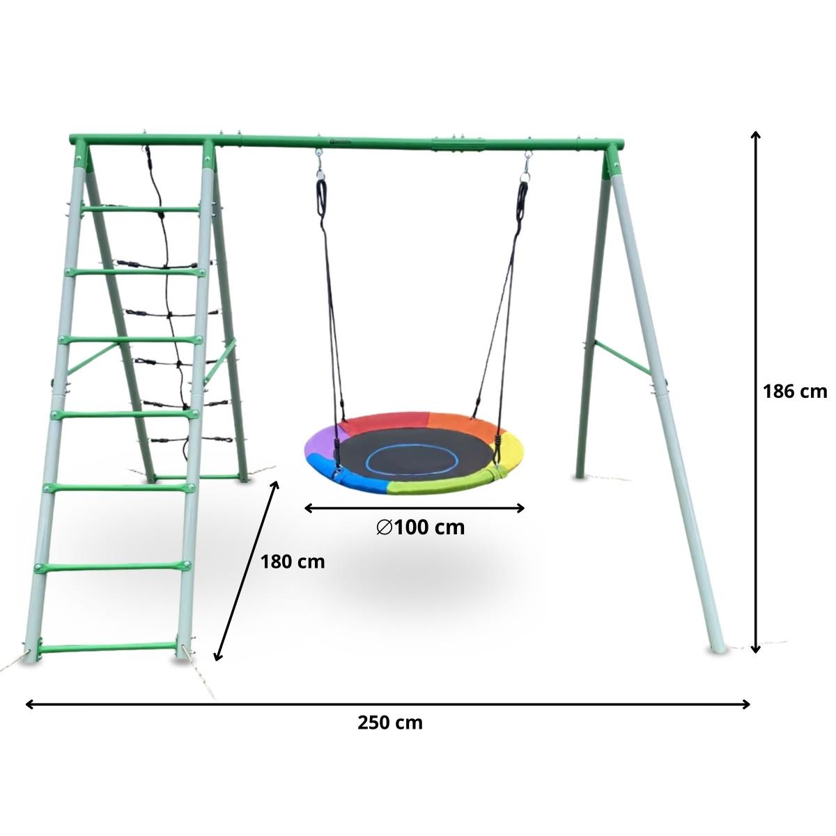 XL vrtno igrišče za otroke z gugalnico štorkljino gnezdo, lestvijo in plezalno mrežo