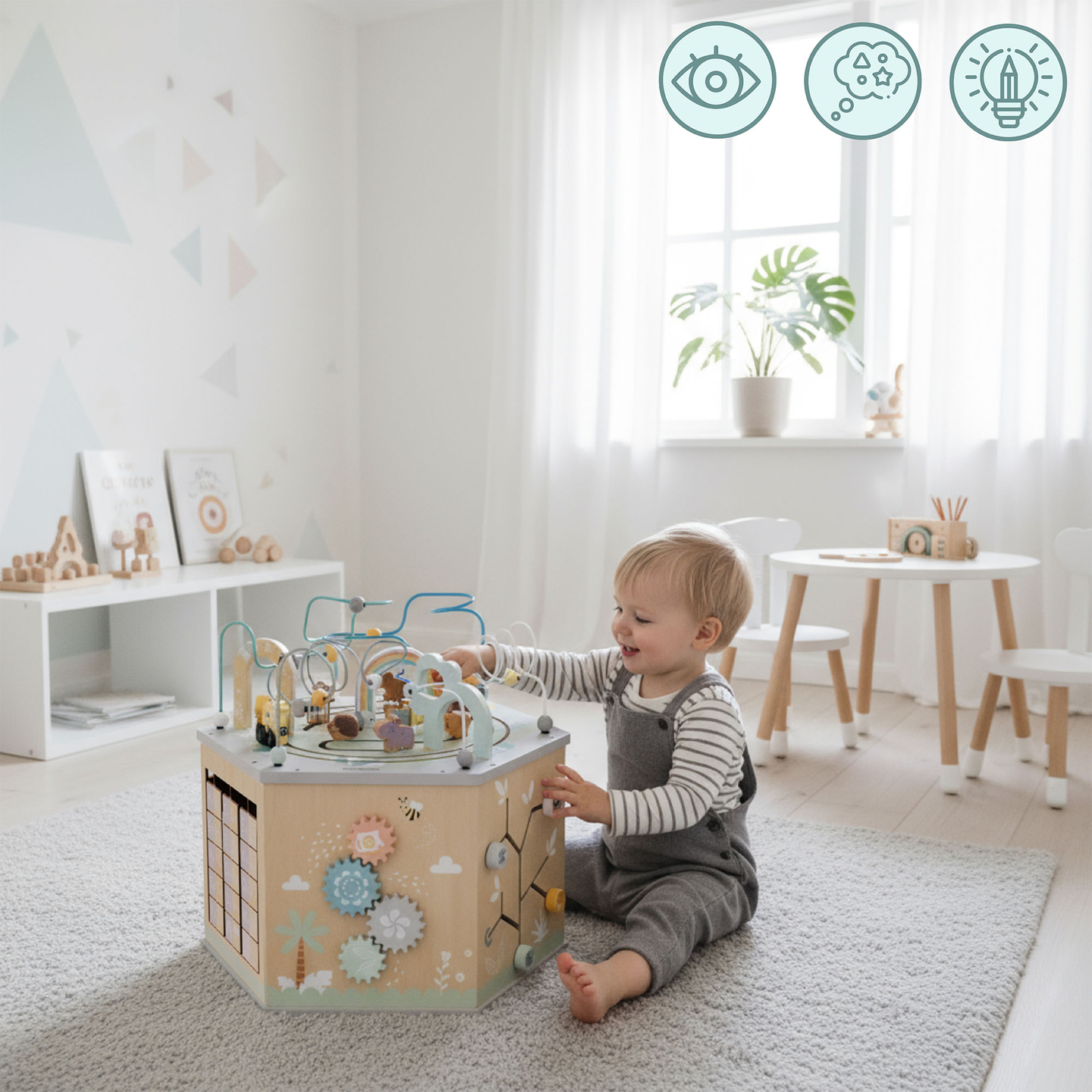 Velika lesena izobraževalna kocka - Montessori igrača z magnetnim vlakom in motornimi zankami