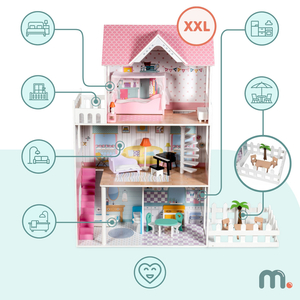 XXL Največja lesena hišica za lutke - 123 cm - LED osvetlitev - terasa, dodatki, vrt