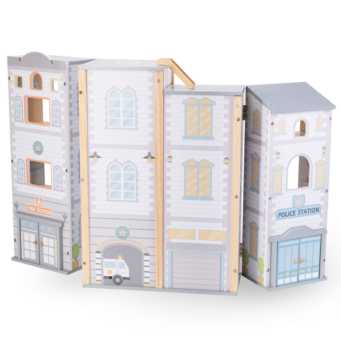 Velika zložljiva gasilska postaja s policijsko postajo - lesen komplet. Gasilska in policijska postaja z dodatki.