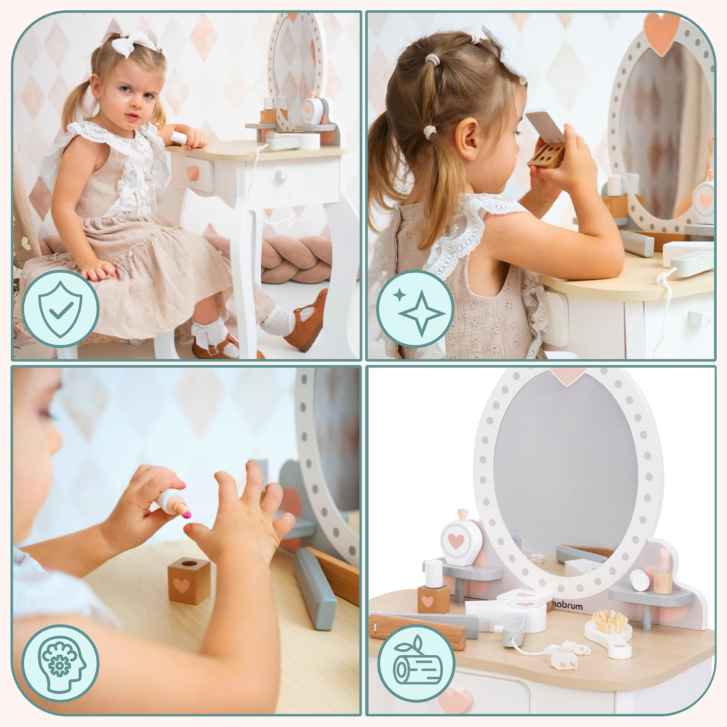 Lesena toaletna mizica s stolčkom in dodatki