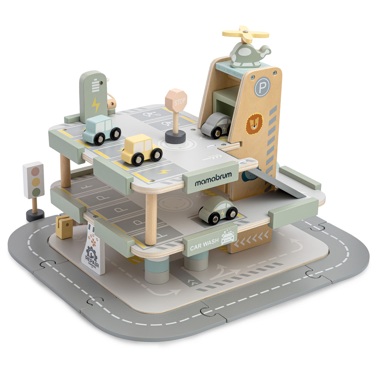 Lesena, trinadstropna garaža za otroke z dodatki – parkirišče, bencinska črpalka, avtopralnica, helikopter