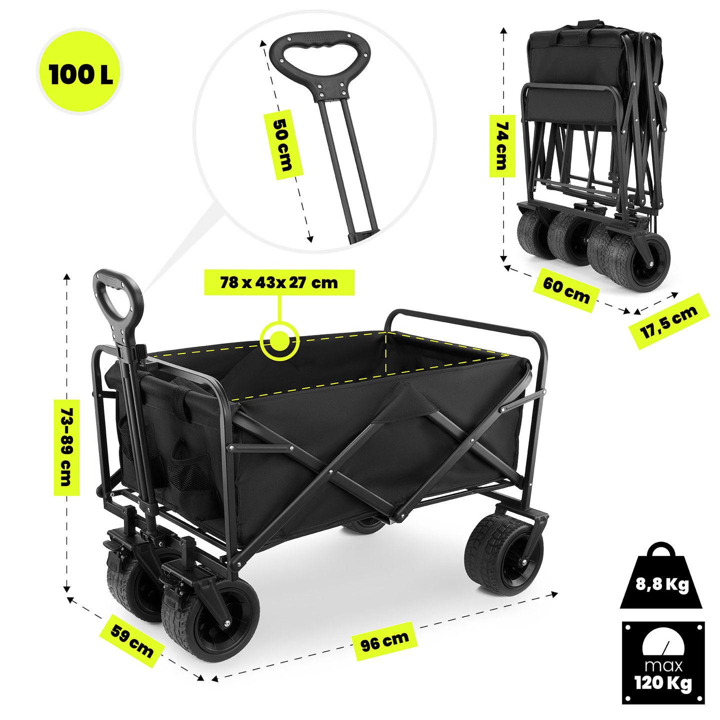 HyperMotion zložljiv invalidski voziček za plažo - črn, 120 kg