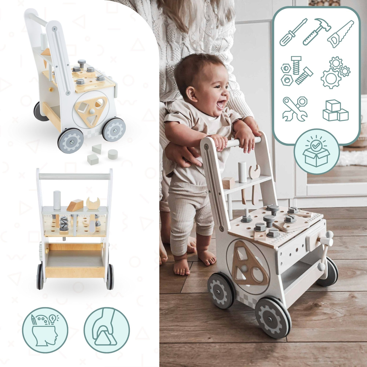 Lesena hodulja, tlačilka + delavnica 3 v 1 - 47 elementov