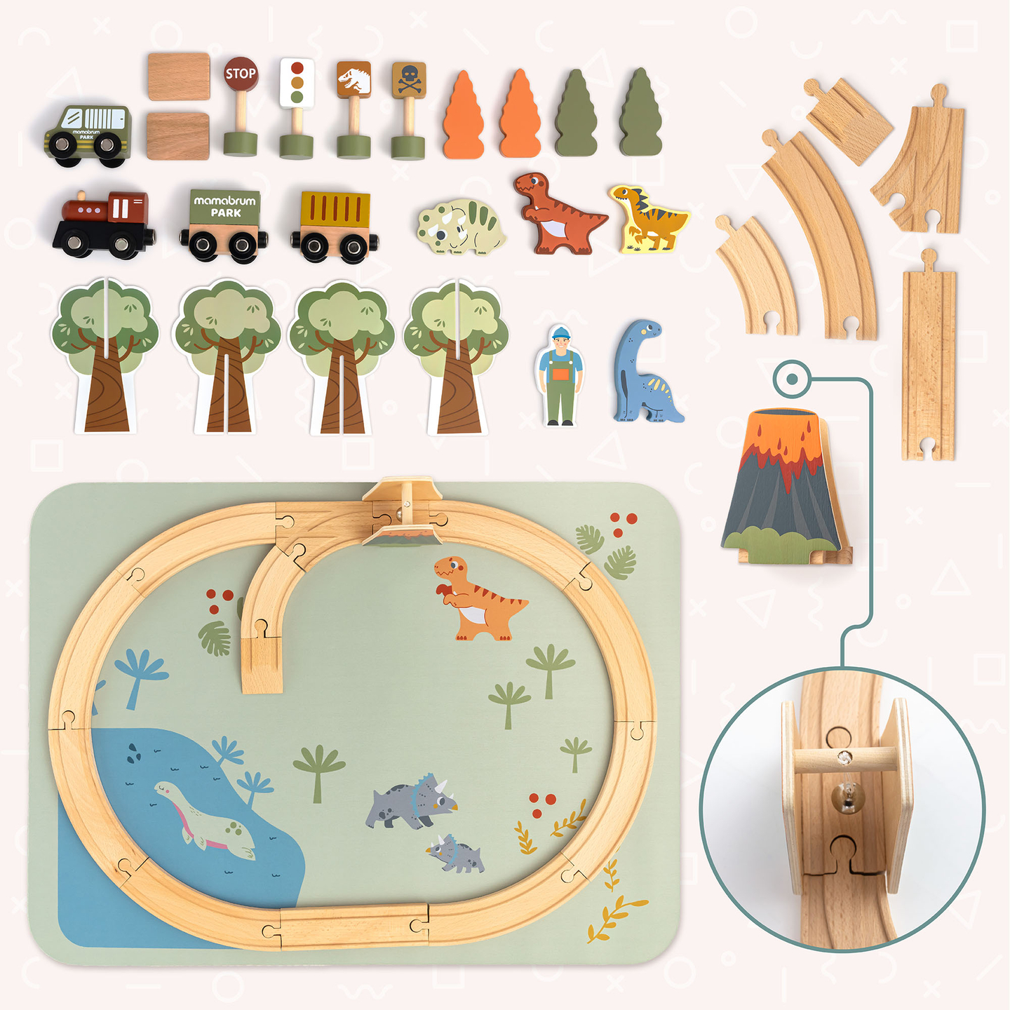 Lesen vlak Dino Park z nedrsečo podlogo - dinozavri, vlak, tiri, vulkan, zvonec