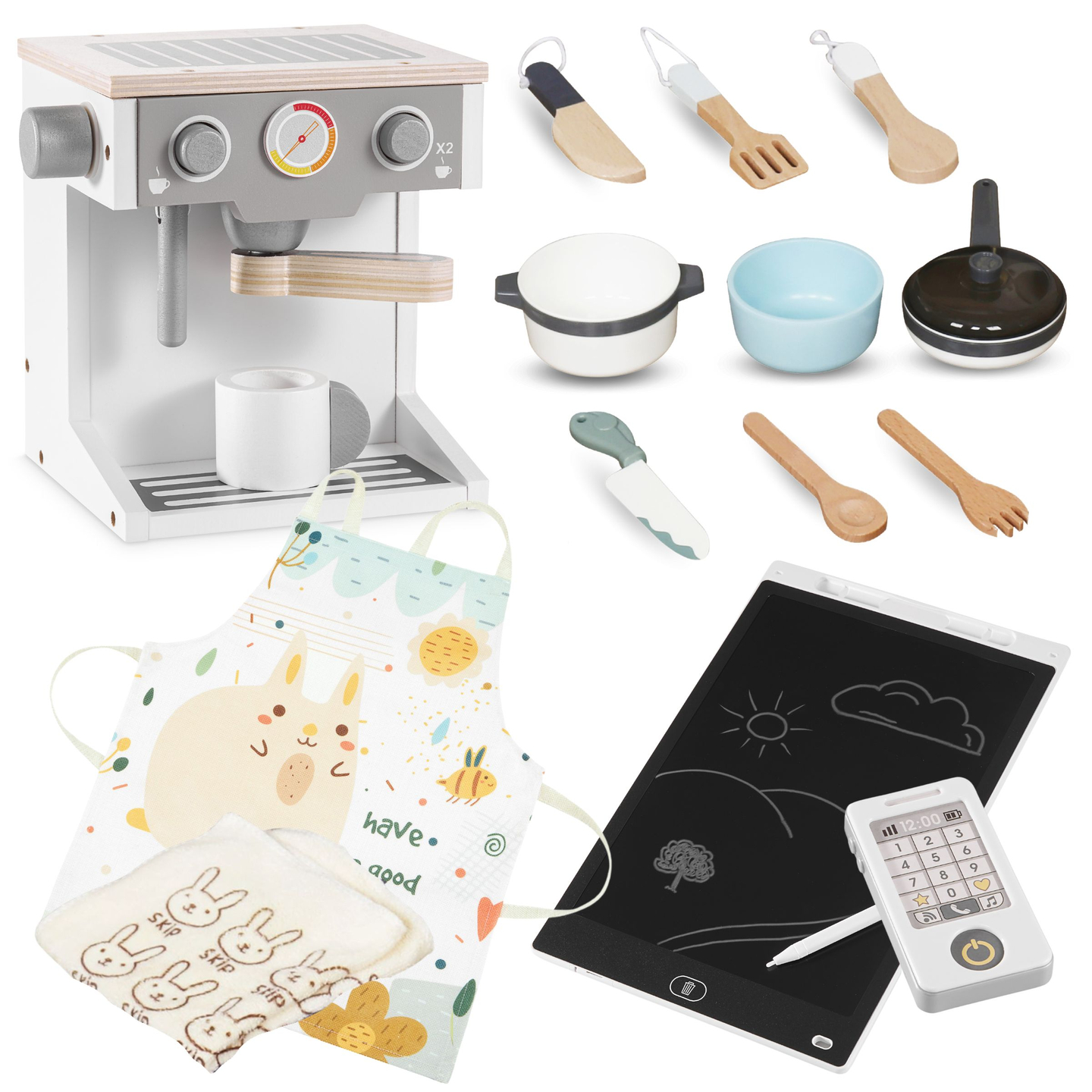 XXXXL velika lesena interaktivna kuhinja z osvetlitvijo LED, pralnim strojem, mikrovalovno pečico, kavnim aparatom ter sadnim in zelenjavnim setom - 50 elementov