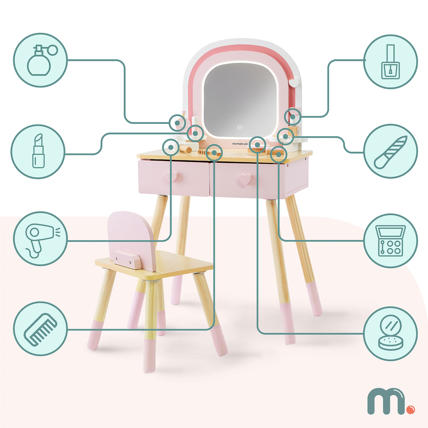 Lesena otroška toaletna mizica z LED osvetlitvijo z gladko nastavitvijo svetlosti, stolom in dodatki