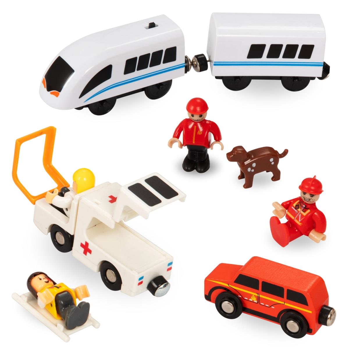 Leseni vlak, vlak na baterije - Gasilci, tiri, avtomobili, mostovi, pregrade