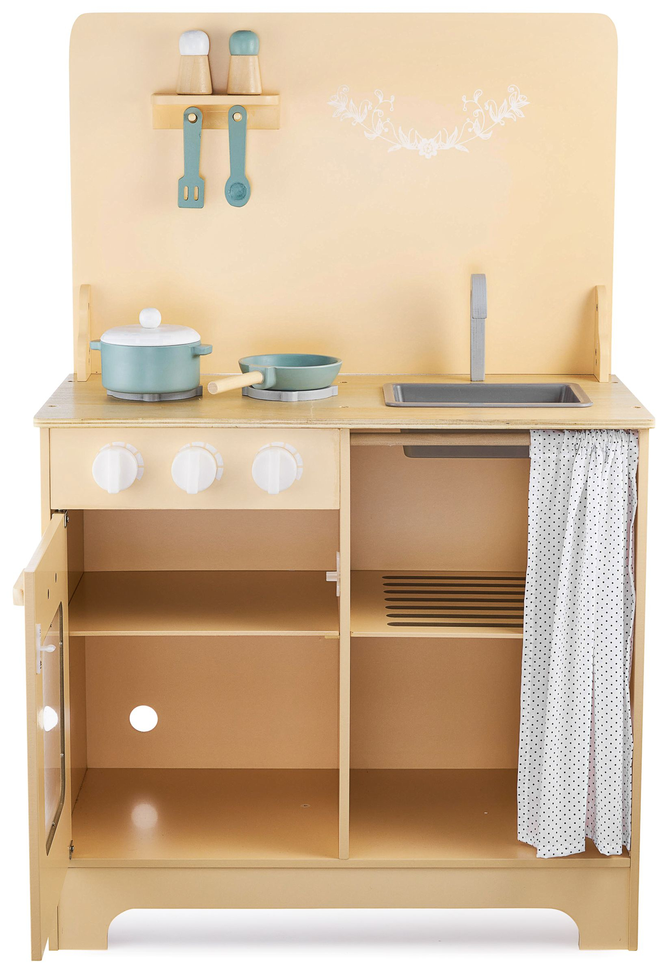 Lesena kuhinja s predpasnikom, dodatki in razsvetljavo LED