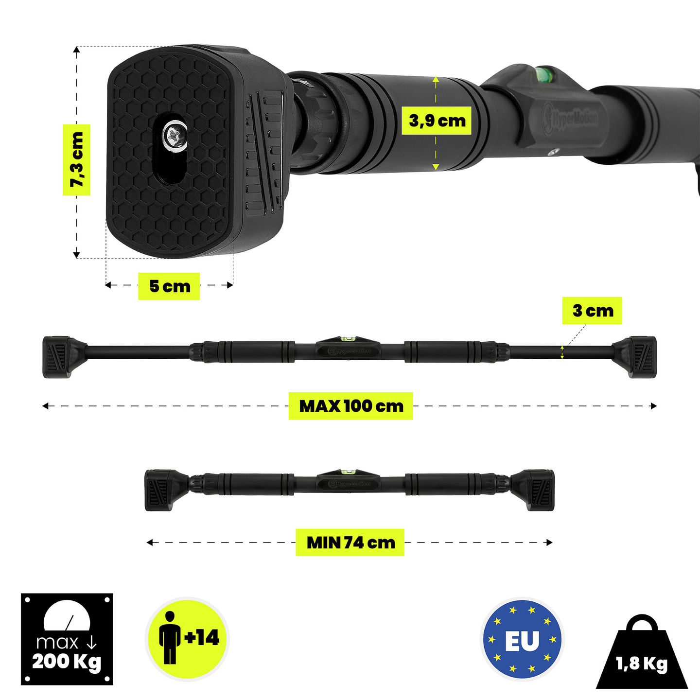 Nastavljiva palica za dvigovanje HyperMotion 74–100 cm, 200 kg, črna