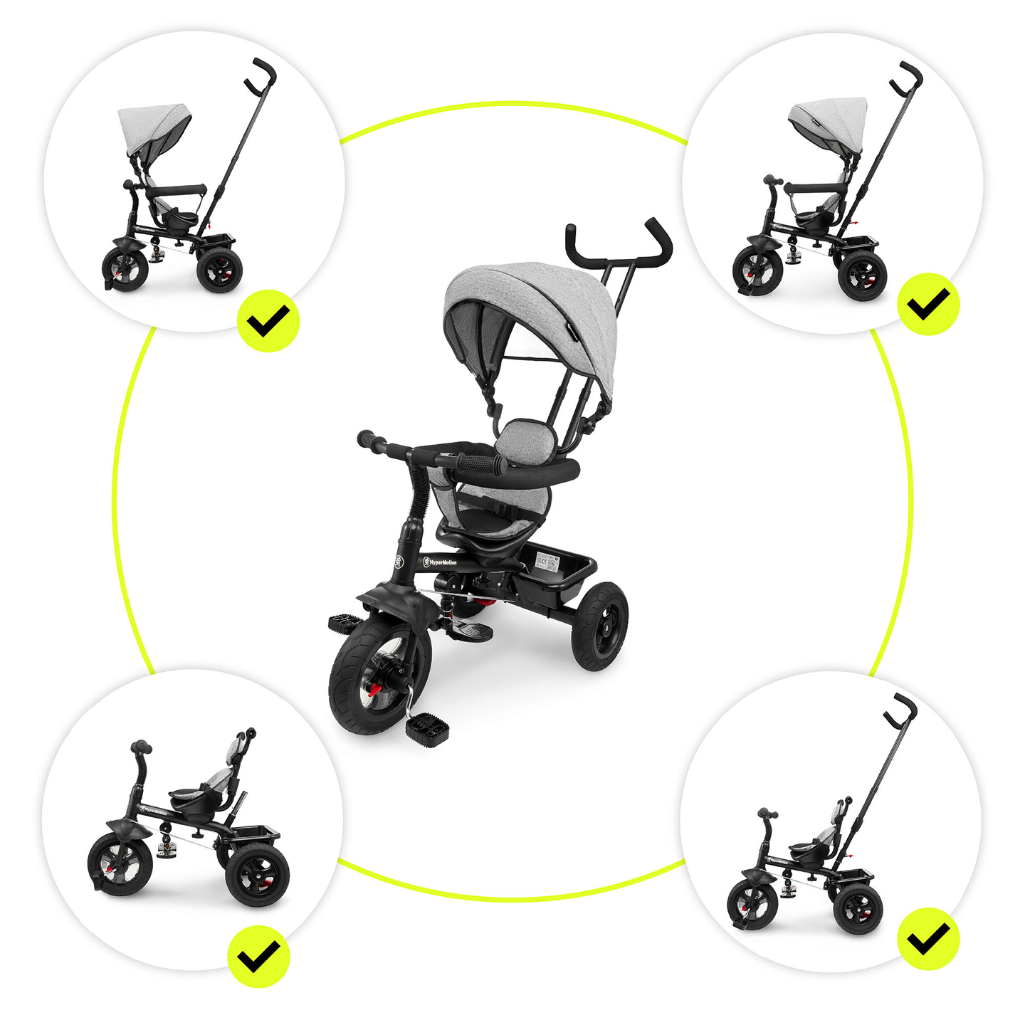 Tricikel za otroke od 1 do 4 let - TOBI FREY - siva barva - vrtljiv - kolesa s črpalko + tlačilka