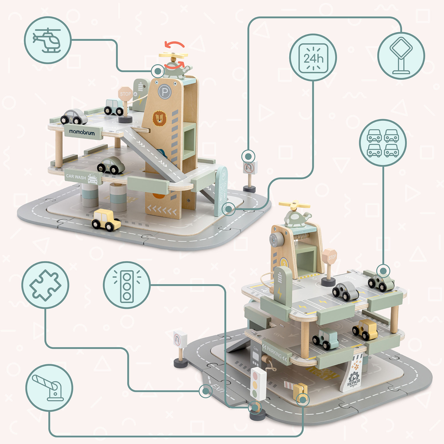 Lesena, trinadstropna garaža za otroke z dodatki – parkirišče, bencinska črpalka, avtopralnica, helikopter