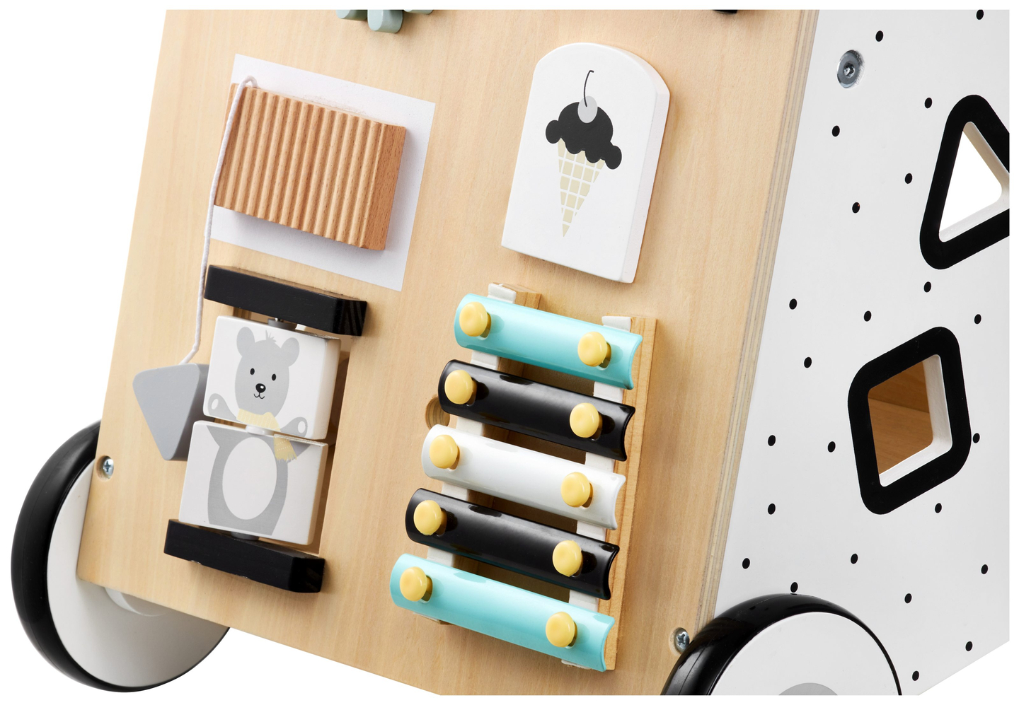 Lesena, izobraževalna otroška hojica / voziček - manipulativna tabla