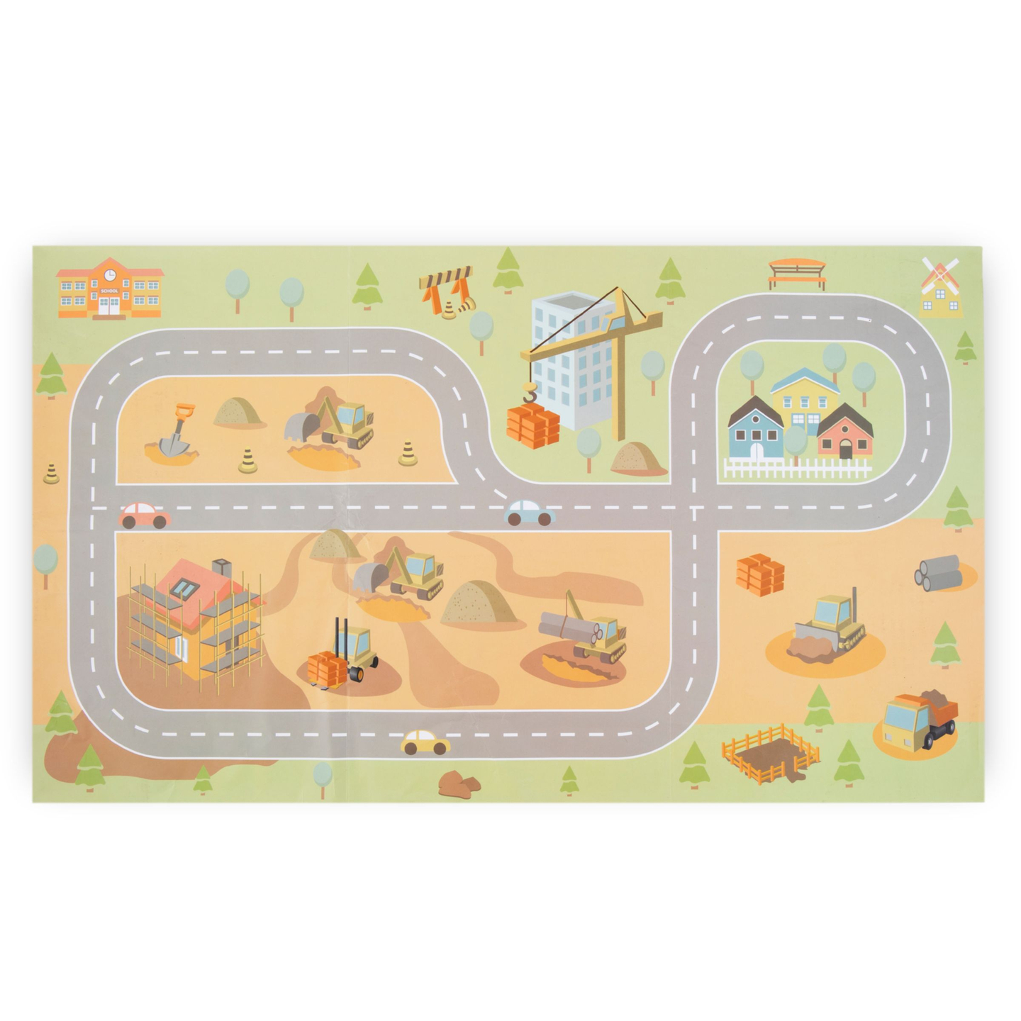 Leseno gradbišče z velikim mobilnim žerjavom in vozili, stolpni žerjav