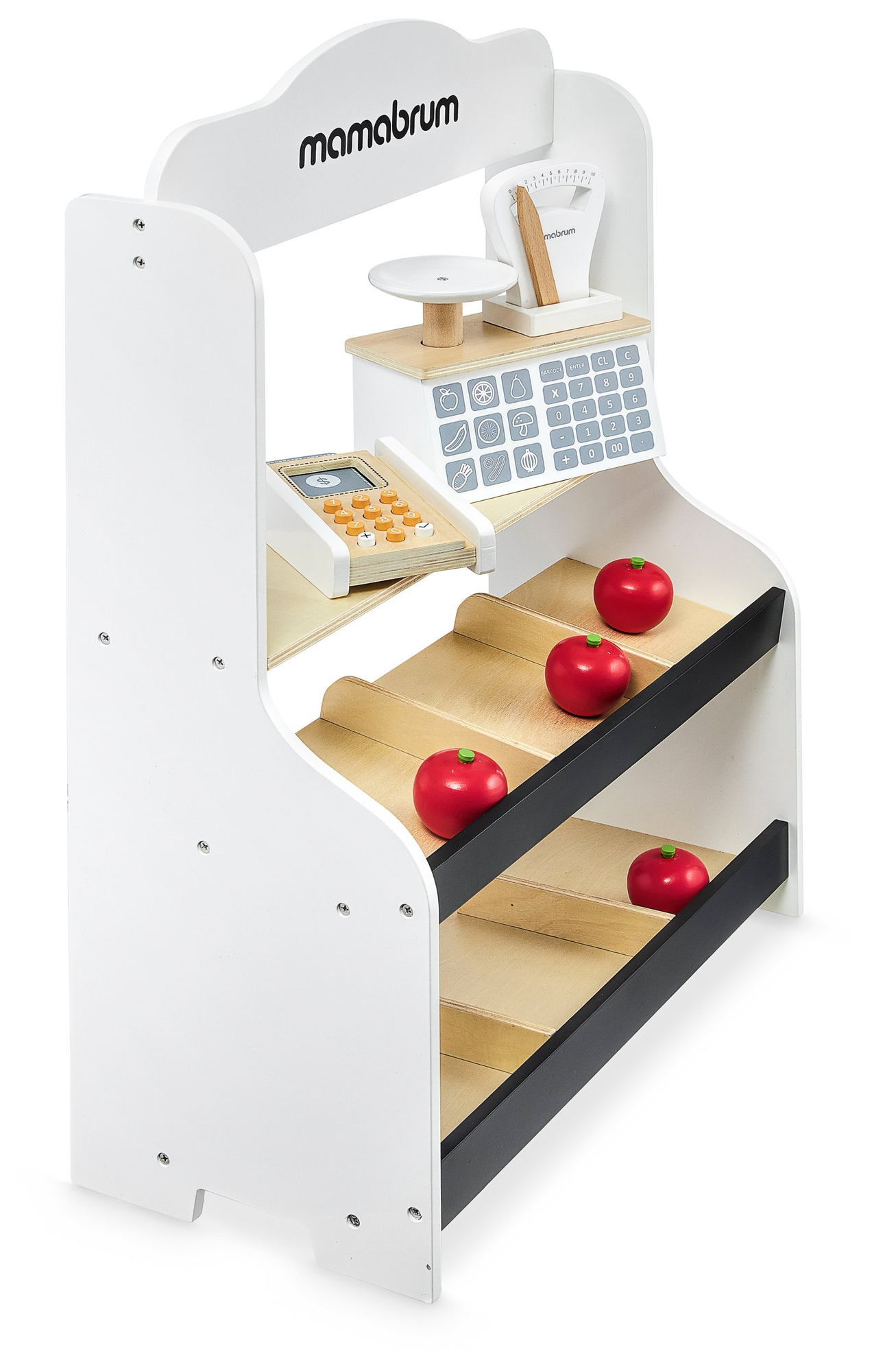 Mini market - trgovina s tehtnico, terminalom, plačilno kartico in sadjem