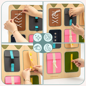 Lesena Montessori manipulativna tabla – senzorično učenje samostojnosti – vezalke, zaponke, gumbi, gumbi za zadrgo