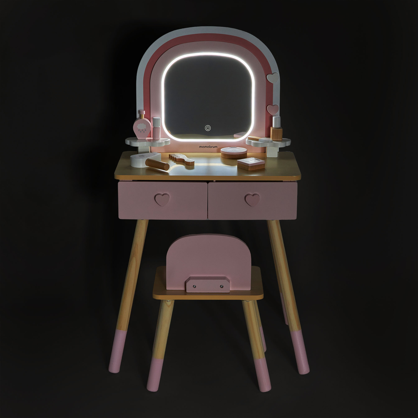 Lesena otroška toaletna mizica z LED osvetlitvijo z gladko nastavitvijo svetlosti, stolom in dodatki