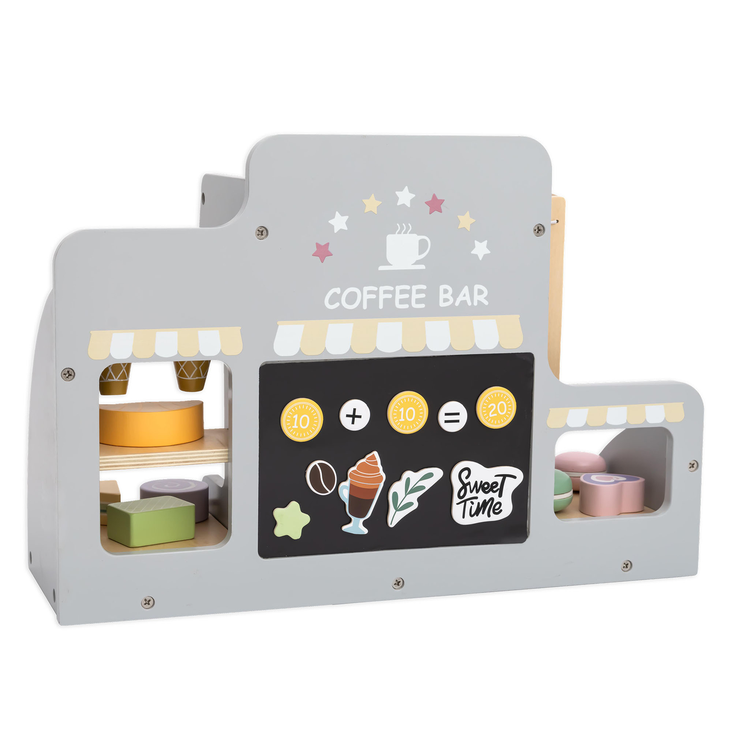 Velika lesena sladoledarna z magnetno tablo, aparatom za kavo ter setom za sladoled in sladice - več kot 70 kosov!