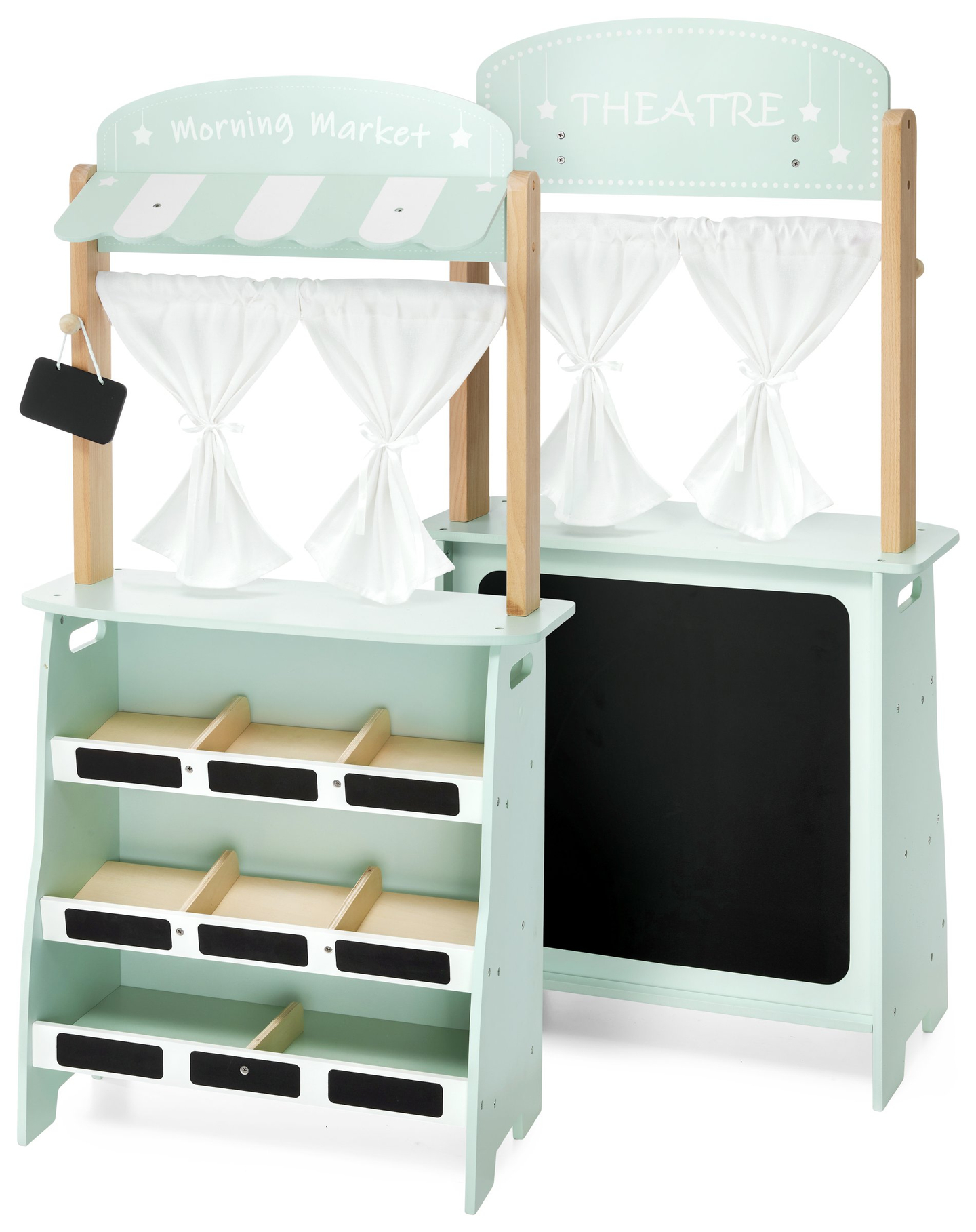 Velika lesena trgovina - stojnica in gledališče 2 v 1 s tehtnico, plačilnim terminalom, sadjem in zelenjavo