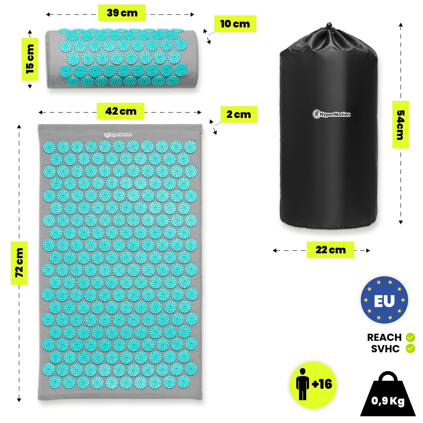 Akupresurna podloga z blazino in prevleko - 72 cm HyperMotion sivo-mint