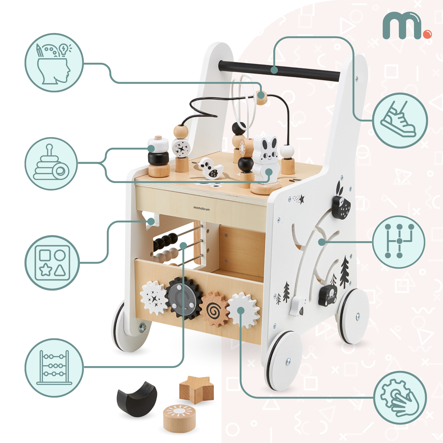 Leseni voziček 6v1, hodulja s funkcijo učne mize