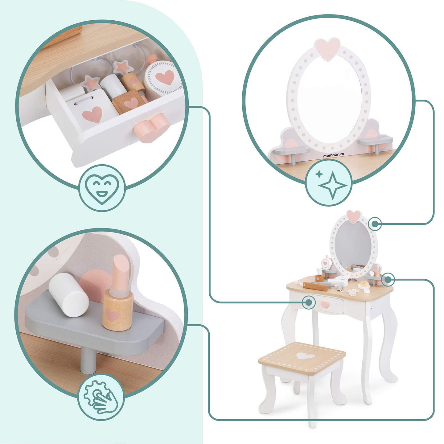 Lesena toaletna mizica s stolčkom in dodatki