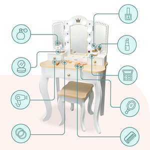 XXL lesena toaletna mizica s stolčkom in LED osvetlitvijo za otroke + dodatki