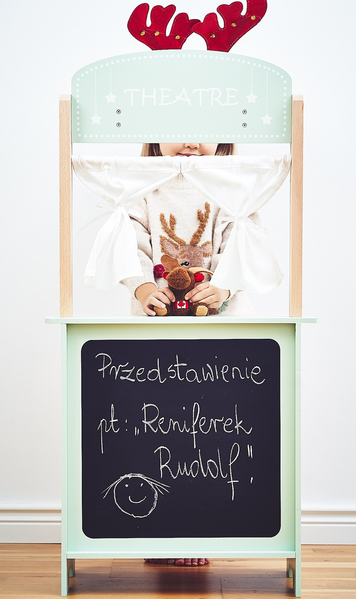 Velika lesena trgovina - stojnica in gledališče 2 v 1 s tehtnico, plačilnim terminalom, sadjem in zelenjavo