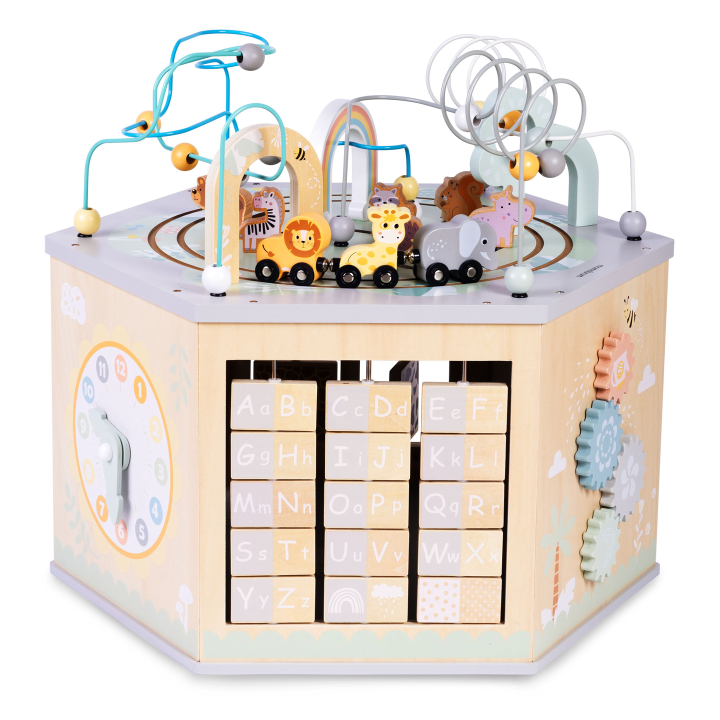 Velika lesena izobraževalna kocka - Montessori igrača z magnetnim vlakom in motornimi zankami