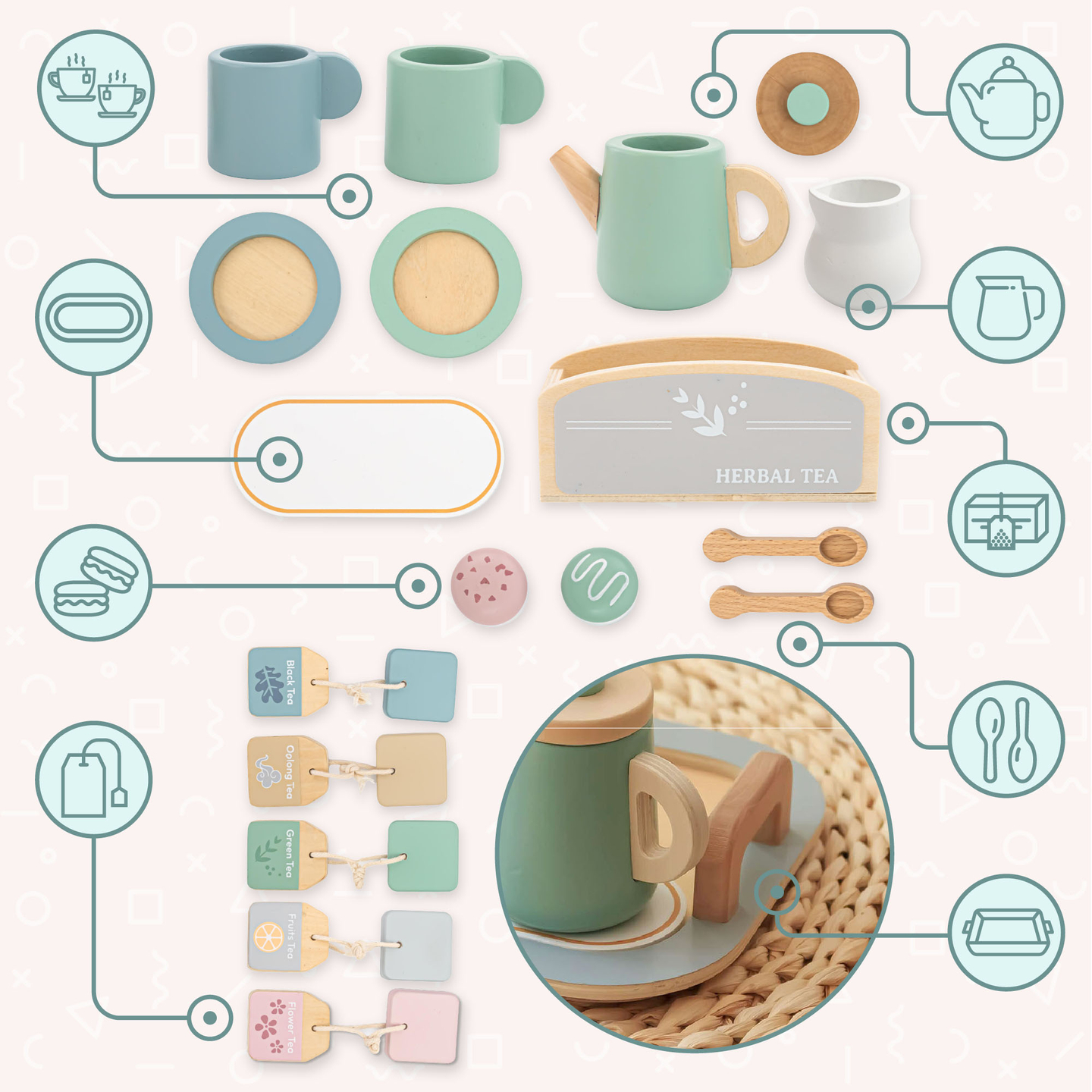 Velik lesen čajni set s pladnjem - 18 kosov