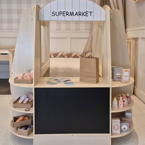 Velika lesena otroška trgovina s tablo - 91 kosov za zabavno nakupovanje!