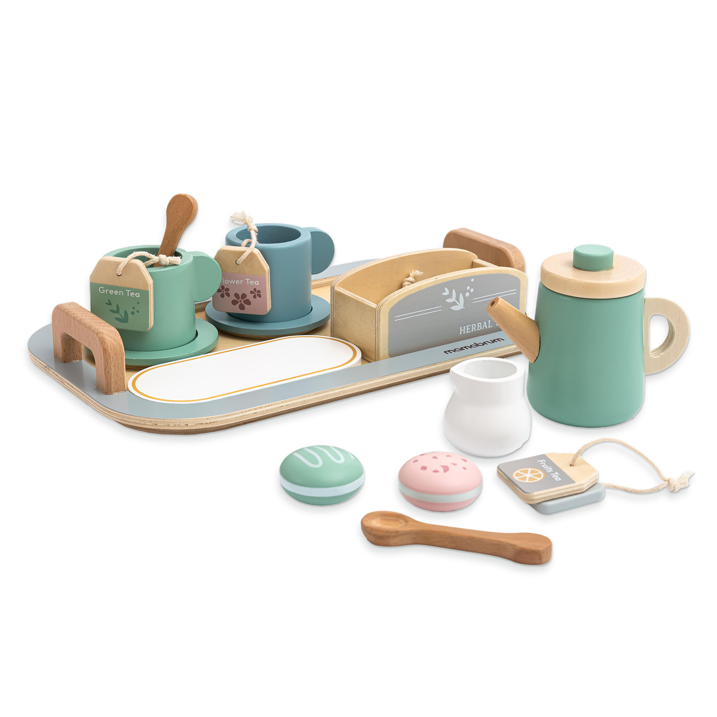 Velik lesen čajni set s pladnjem - 18 kosov