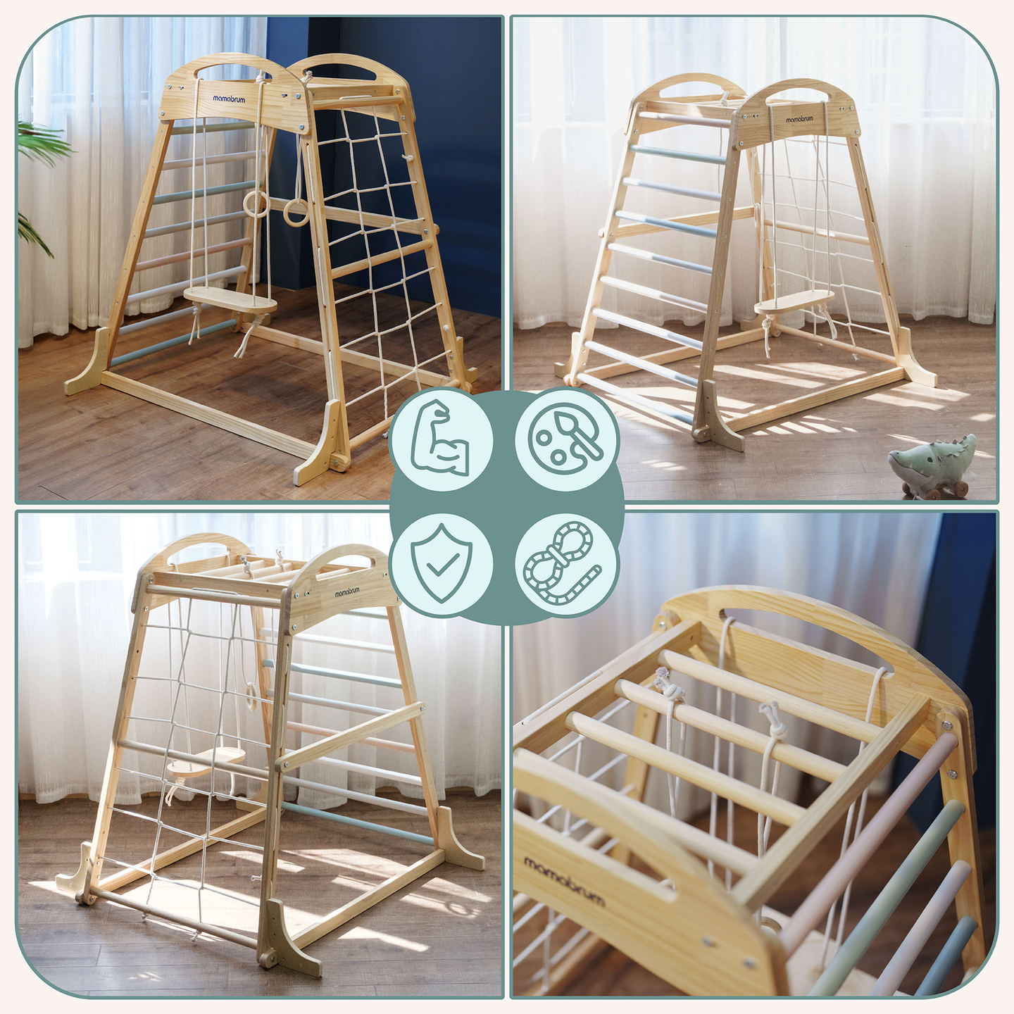 Leseno notranje igrišče z gugalnico, gimnastičnimi obroči in plezalno mrežo