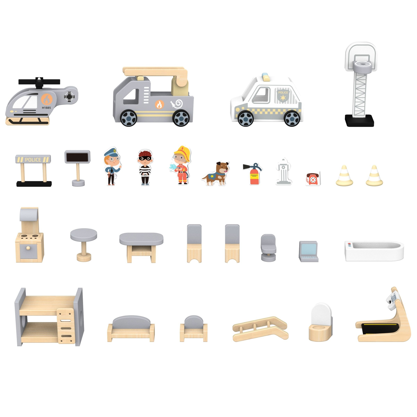 Velika zložljiva gasilska postaja s policijsko postajo - lesen komplet. Gasilska in policijska postaja z dodatki.