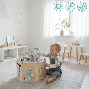 Velika lesena izobraževalna kocka - Montessori igrača z magnetnim vlakom in motornimi zankami