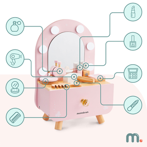 Lesena mini toaletna mizica za otroke z dodatki in LED osvetlitvijo z gladko nastavitvijo svetlosti