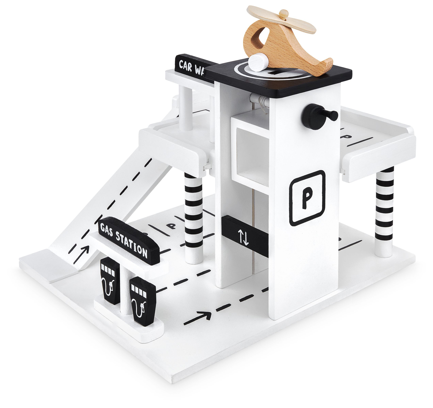 Lesena garaža - večnadstropno parkirišče - avtomobili, dvigalo, helikopter