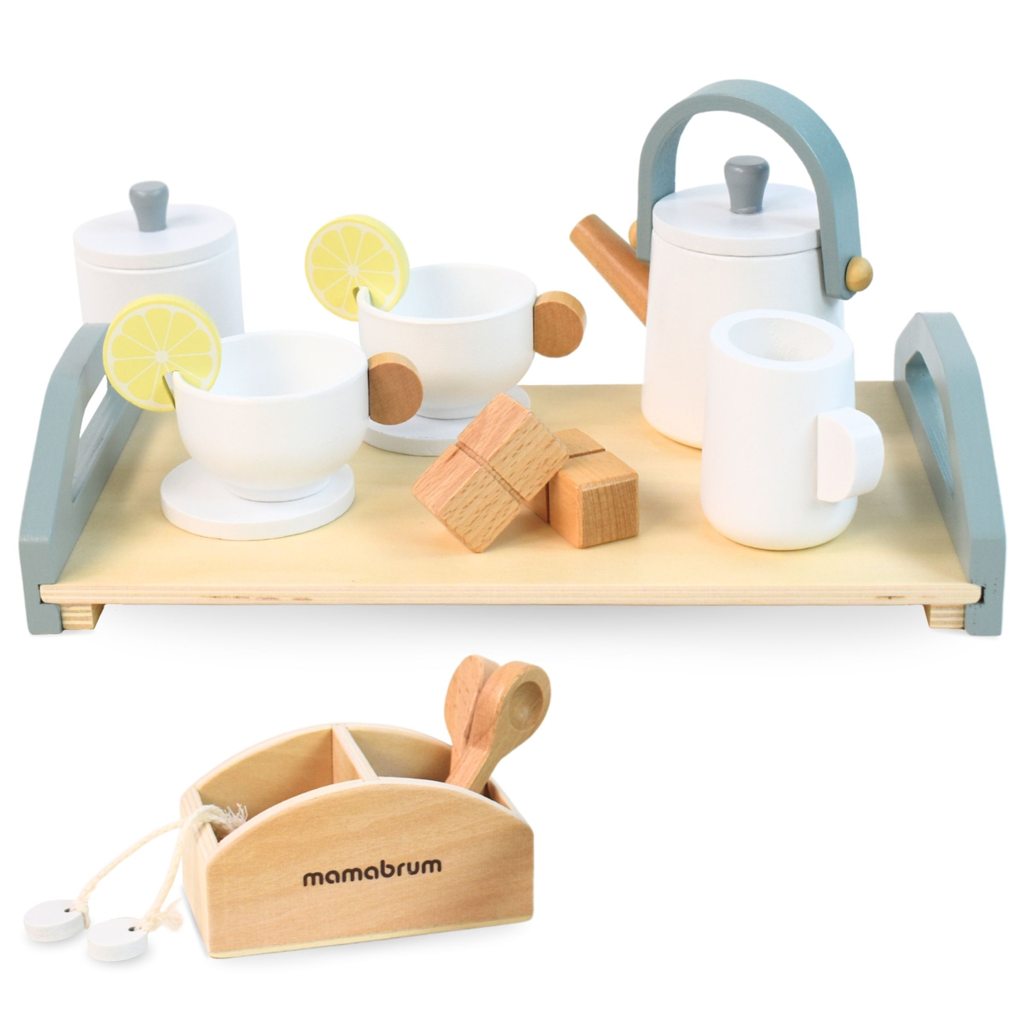 Velik lesen čajni set s pladnjem - 17 kosov