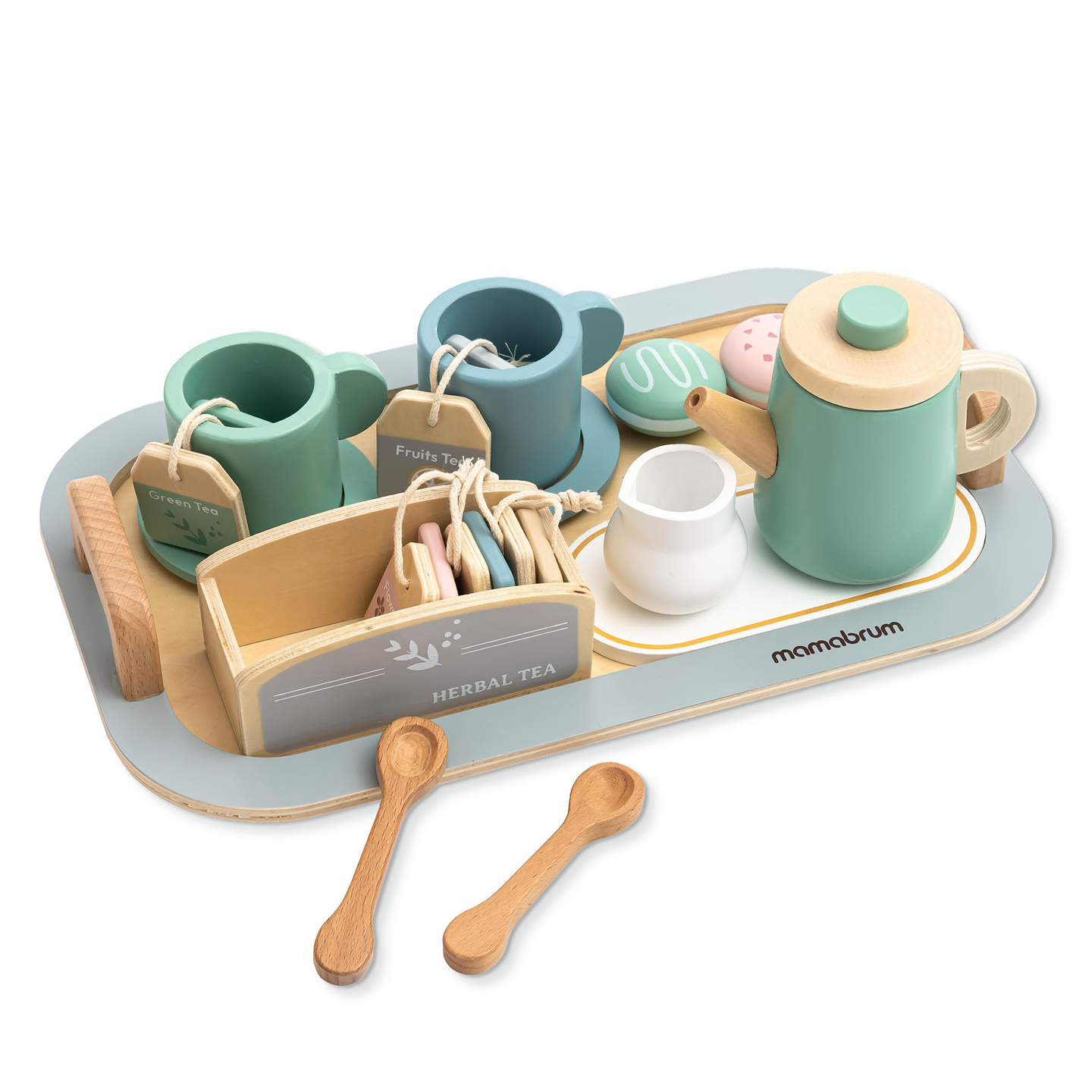 Velik lesen čajni set s pladnjem - 18 kosov