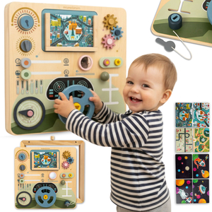 Lesena Montessori tabla 2 v 1 kokpit za malega voznika in pilota – volan, prestavna ročica, potovalni zemljevidi, radar