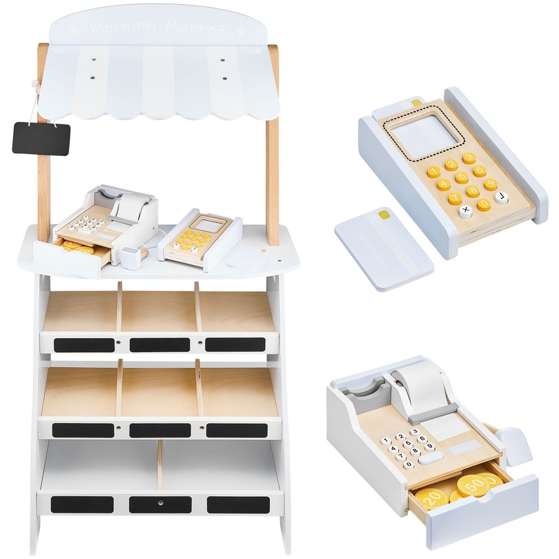 Trgovina z zelenjavo - lesena stojnica z zaboji, blagajno in terminalom