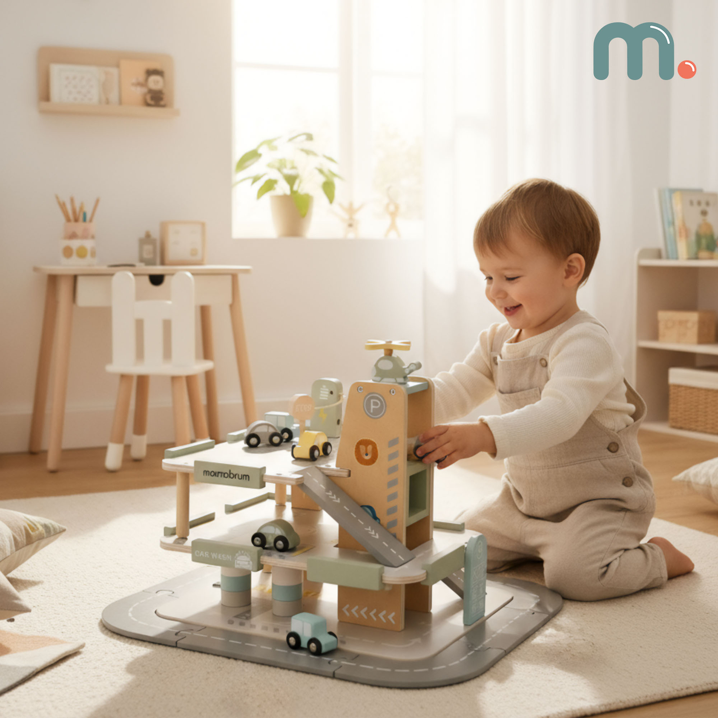 Lesena, trinadstropna garaža za otroke z dodatki – parkirišče, bencinska črpalka, avtopralnica, helikopter