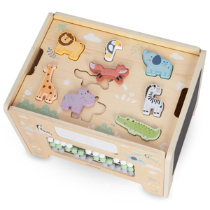 Lesena manipulativna škatla - Montessori tabla s figurami živali in sedežem