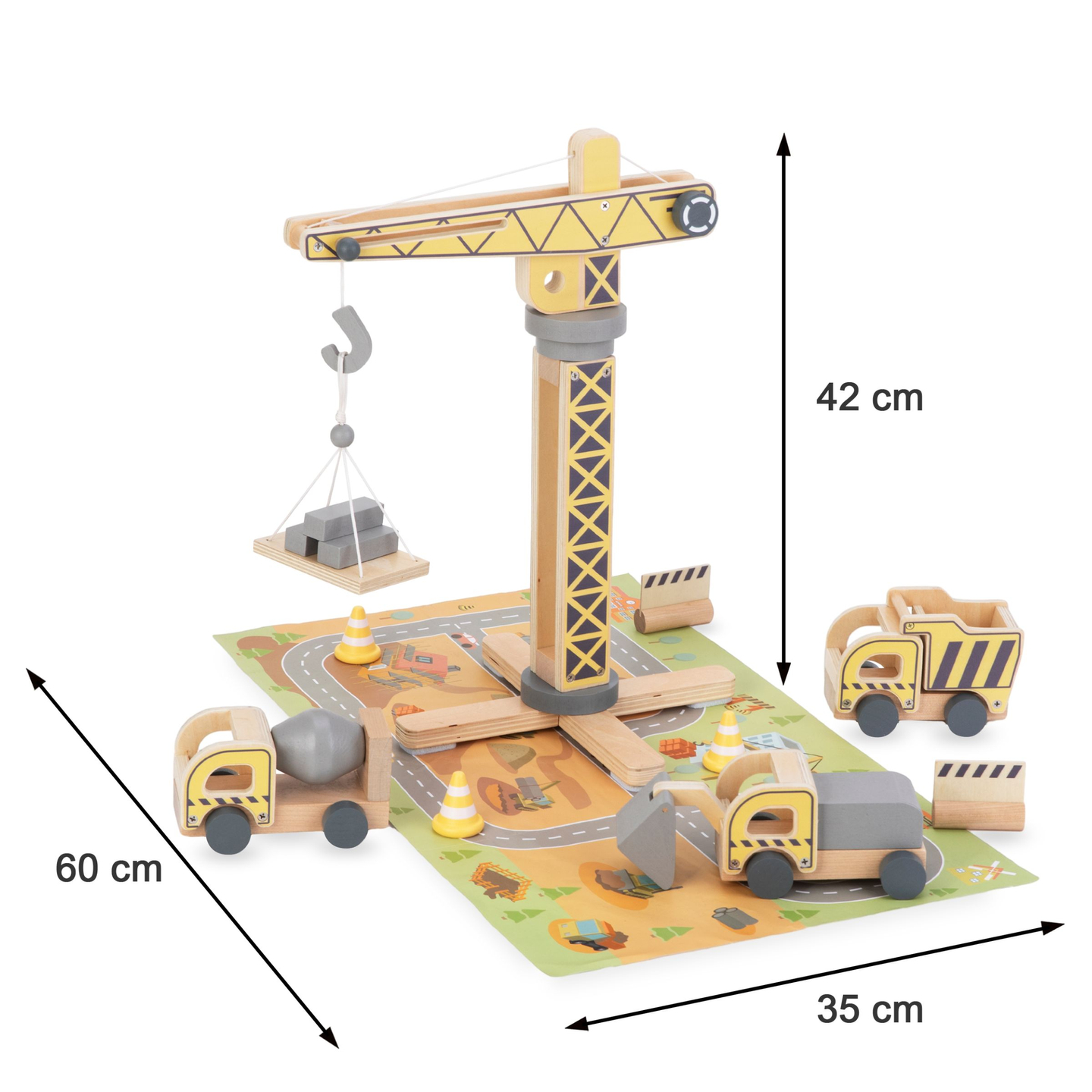 Leseno gradbišče z velikim mobilnim žerjavom in vozili, stolpni žerjav