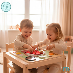 Lesena Montessori izobraževalna tabla Mali zobozdravnik - zobna ščetka, zobna pasta, odstranljivi zobje, ogledalo, hrana, učni okusi