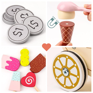 Lesena sladoledarna za otroke - voziček na kolesih z dodatki