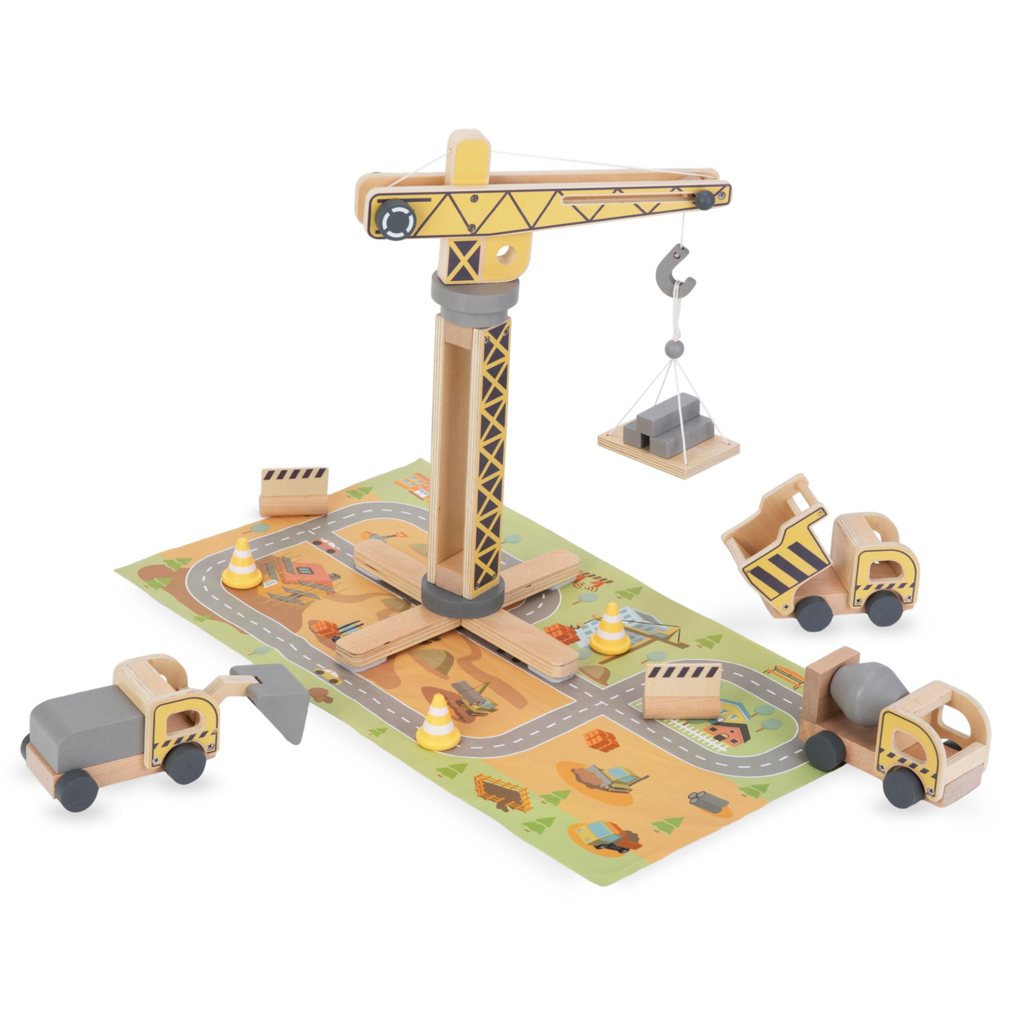 Leseno gradbišče z velikim mobilnim žerjavom in vozili, stolpni žerjav