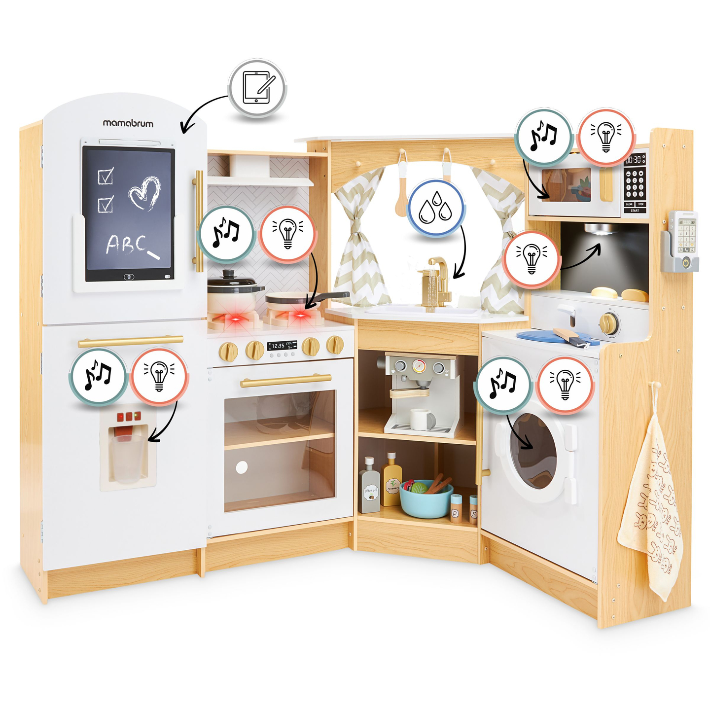 XXXXL velika lesena interaktivna kuhinja z osvetlitvijo LED, pralnim strojem, mikrovalovno pečico, kavnim aparatom ter sadnim in zelenjavnim setom - 50 elementov