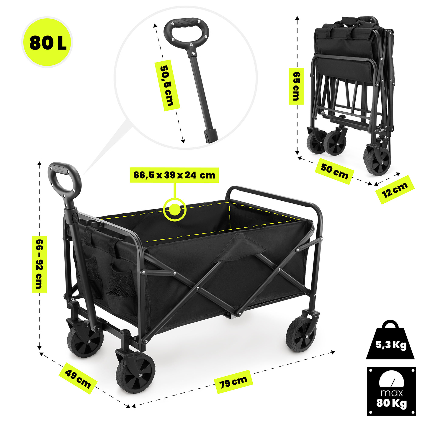 HyperMotion zložljiv invalidski voziček za plažo - črn, 80 kg